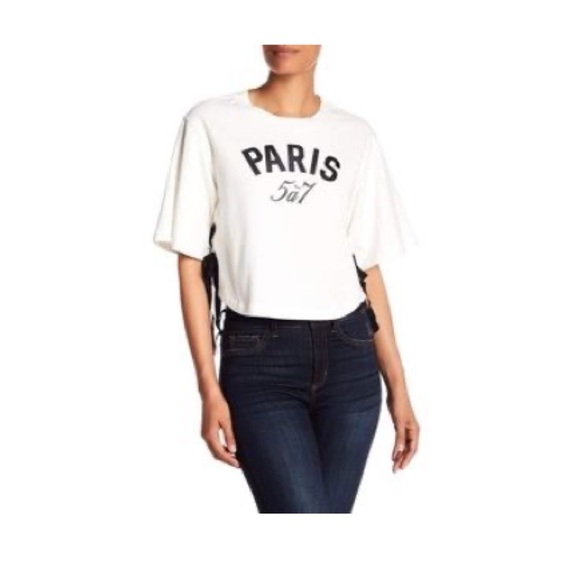 Cinq a Sept Paris White Tee Crop Tie Detail Sides Black Ribbon T-Shirt Small - Picture 1 of 7